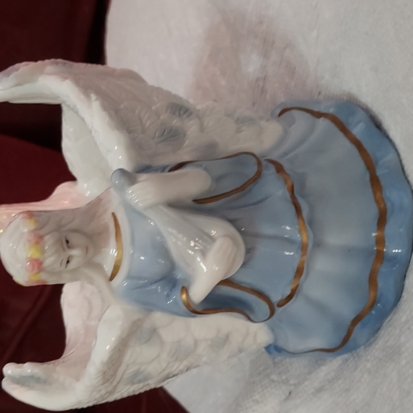 Twin Angels Pillar Candle Holder Dressed in Blue trimmed in Gilting Gold. - Picture 3 of 10